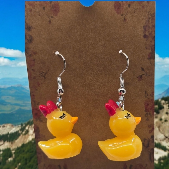 Yellow Rubber Duck Acrylic Earrings with Red Bow Accent - Picture 3 of 4